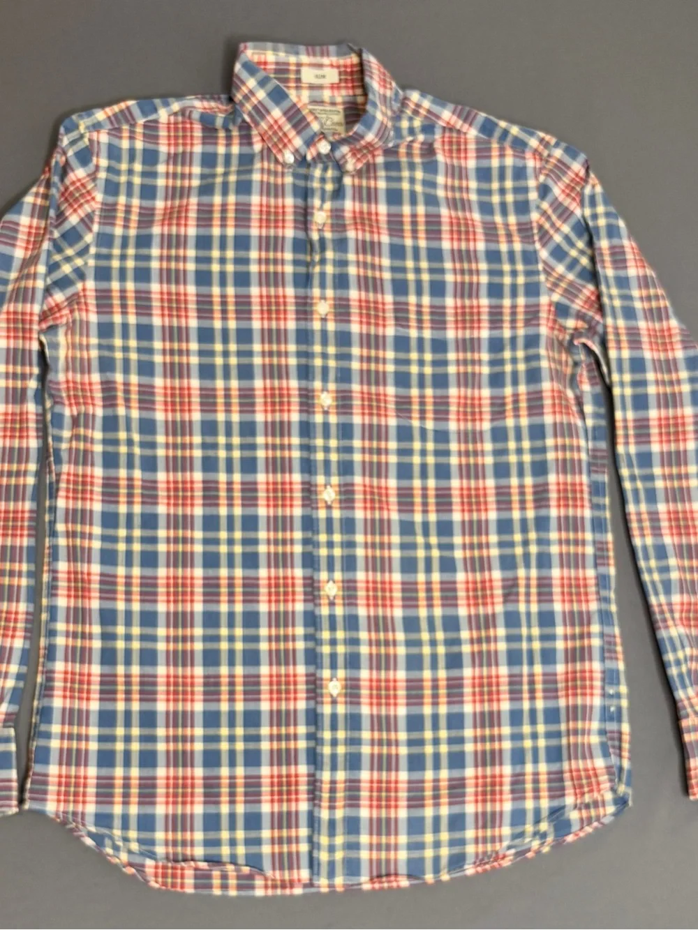 J.Crew Secret Wash Stretch Shirt Men's M Slim Blue Red Plaid Organic Cotton